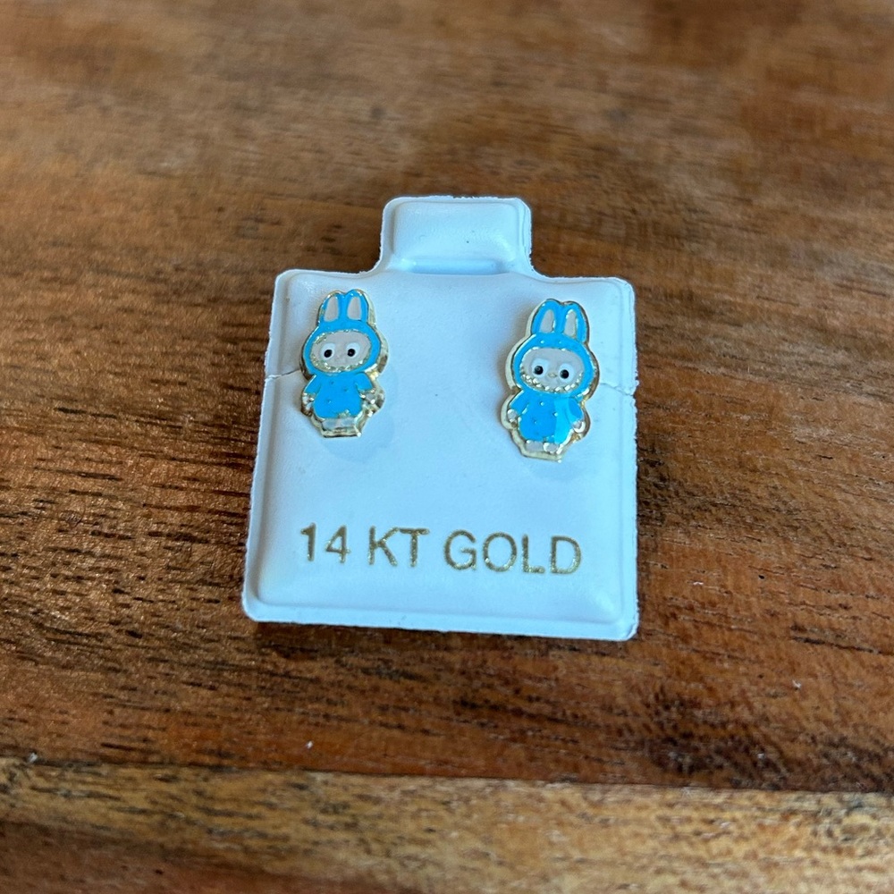 NWOT 14 KTS Solid Gold Blue Labubu Stud Earrings